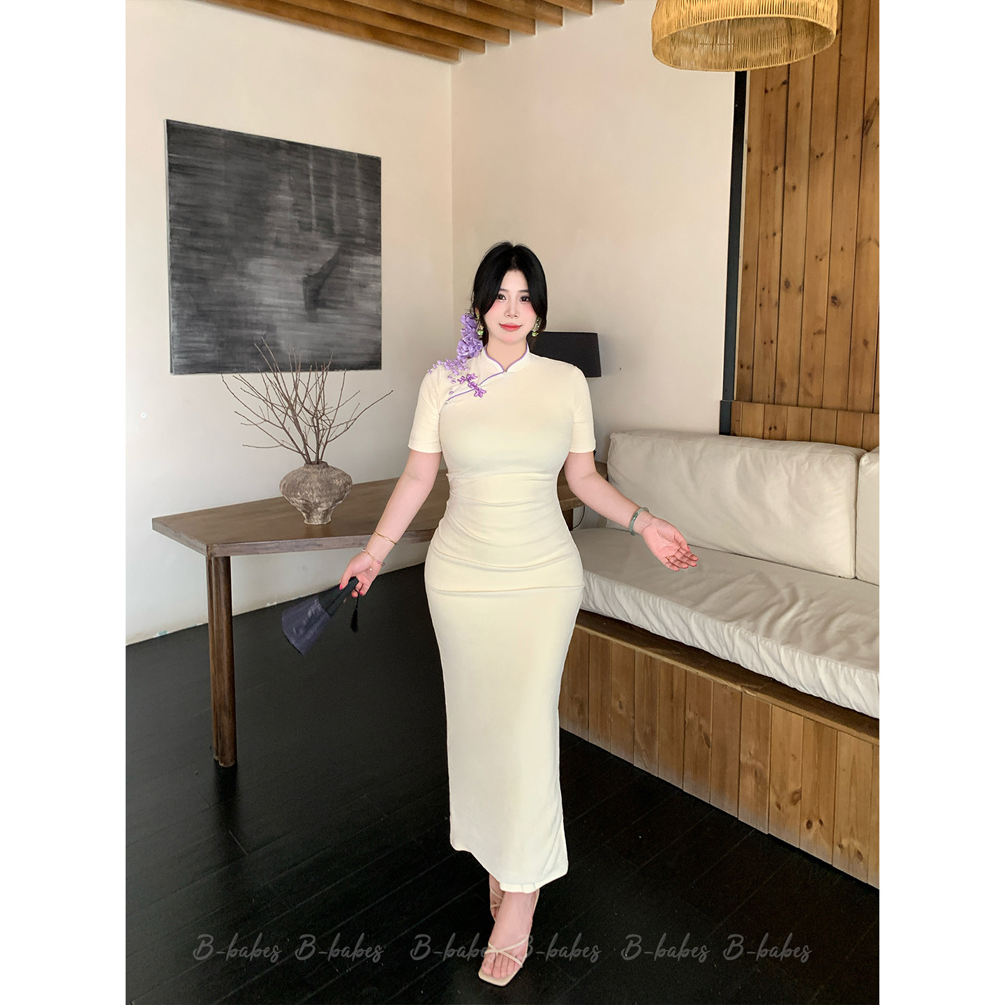 Babes【杏雨江南】大码新中式国风立领盘扣褶皱显瘦修身旗袍长裙图片