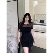 Bbabes 圆领女 胖mm气质拼接短袖 若隐若线 设计感网纱连衣裙大码