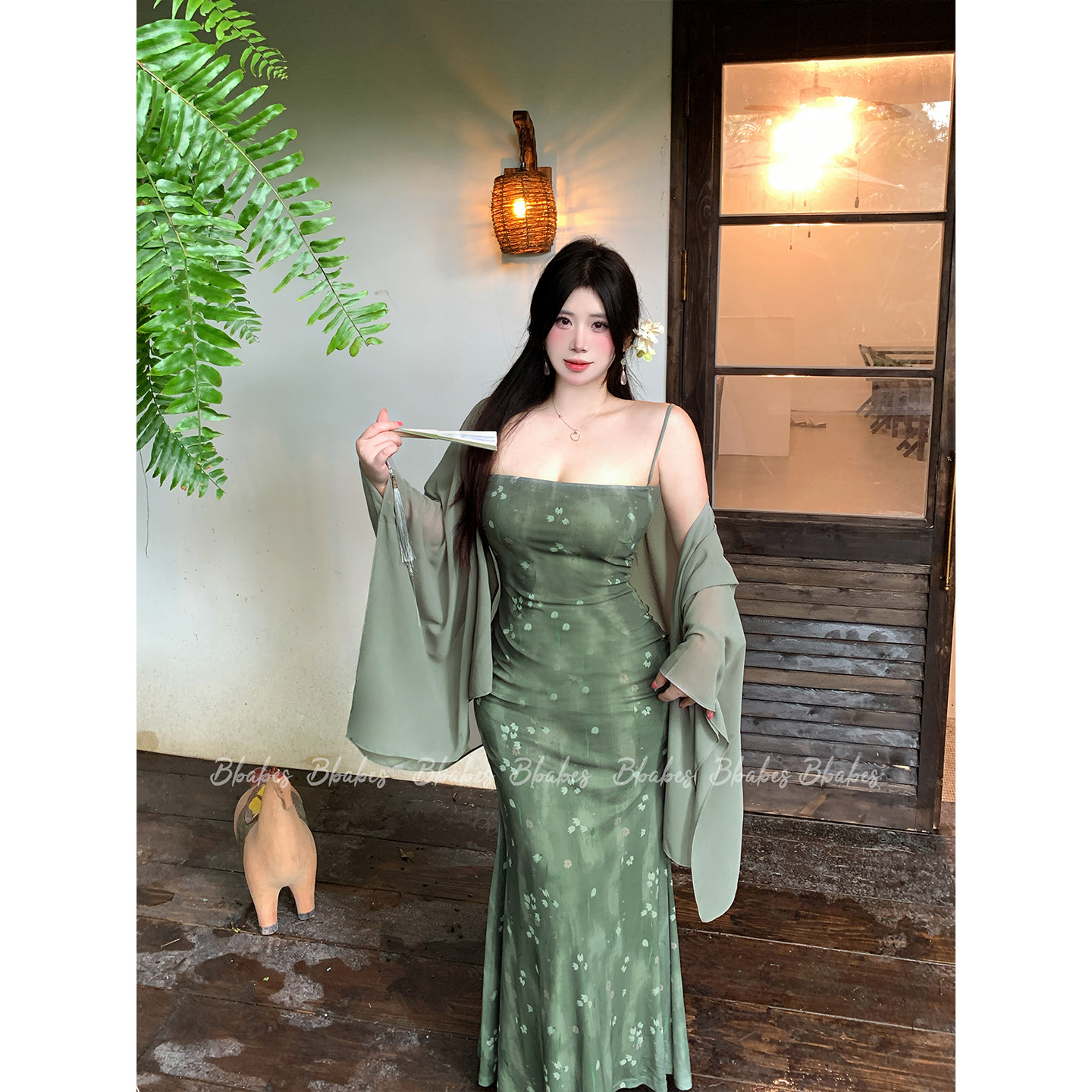 Babes【半盏清欢】大码胖mm新中式清冷感绿色吊带裙开衫套装女装