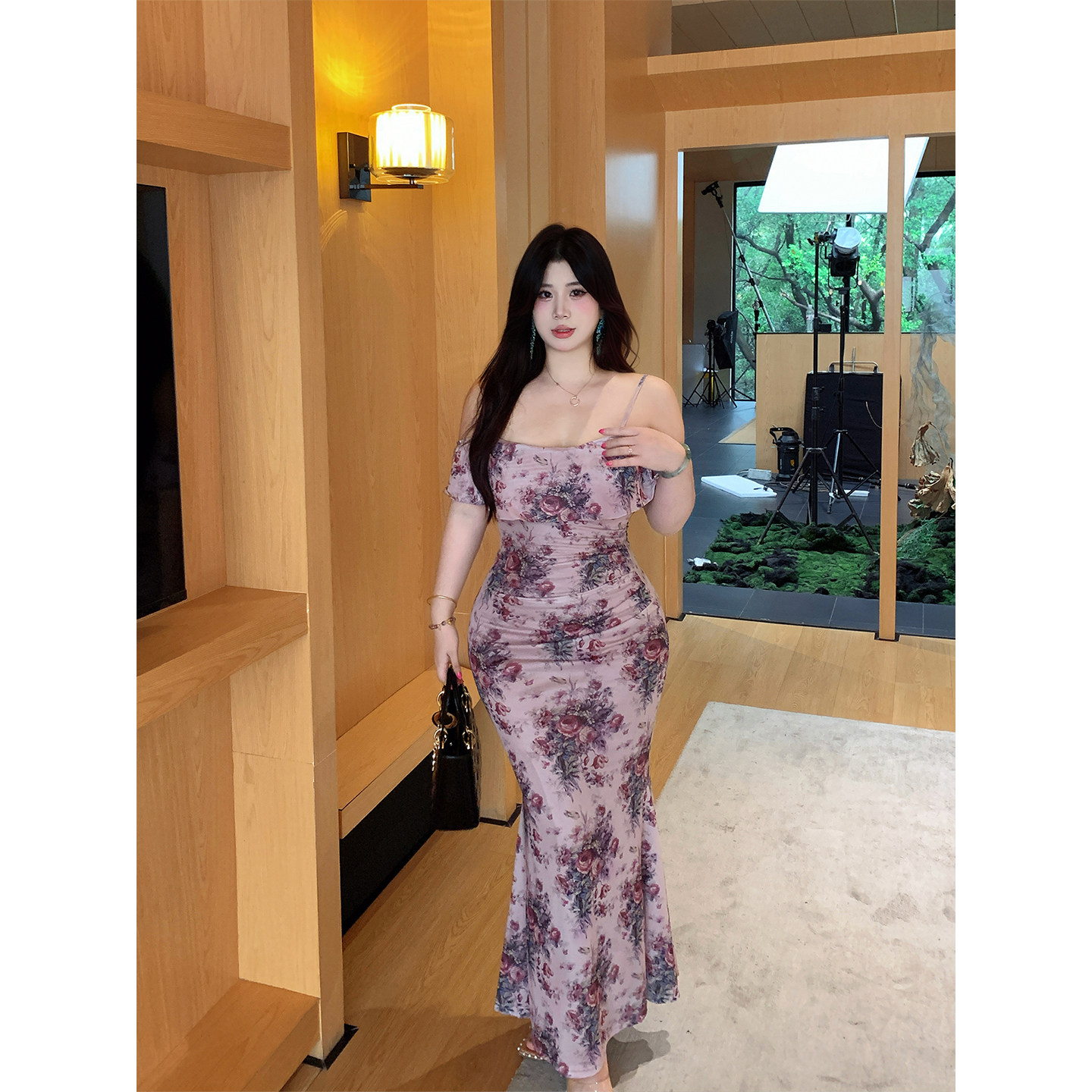 Babes【南法风情】大码气质轻熟吊带一字领修身显瘦鱼尾裙长裙女