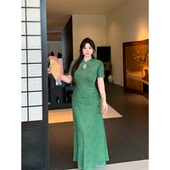 绿色旗袍连衣裙女夏高端复古改良长裙 新中式 Bbabes 竹露摇青