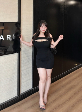 Babes【摩登禁区】大码性感辣妹风一字肩镂空显瘦包臀短裙连衣裙