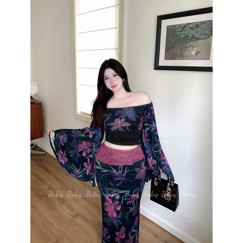 Babes【古早东亚】大码微胖一字肩喇叭袖花卉丝绒蕾丝拼接包臀裙