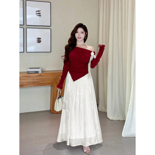 性感风纯欲一字肩蝴蝶结收腰显瘦套装 大码 红纱涟漪 Babes