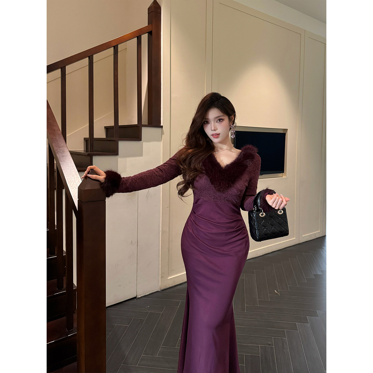 Bbabes【暗调葡酒】大码御姐性感蕾丝拼接毛领收腰显瘦包臀鱼尾裙