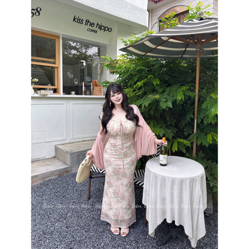 Babes【花信风】大码纯欲风温柔碎花褶皱收腰显瘦鱼尾连衣长裙女