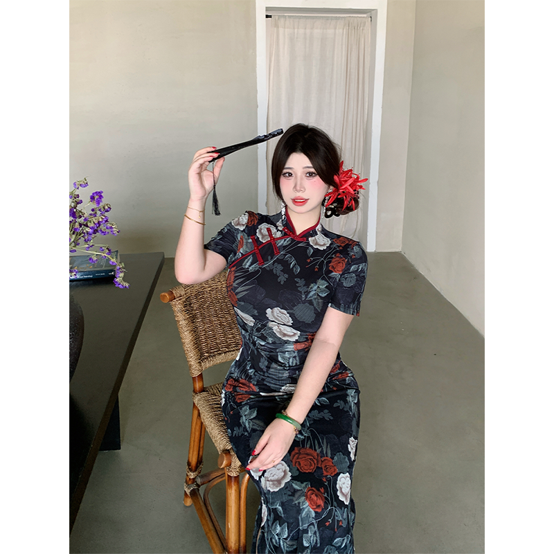 Bbabes【玫花似锦】国风高级感气质旗袍微胖收腰显瘦碎花包臀长裙