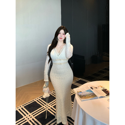 Bbabes【暮光之吻】大码法式气质纯欲V领腰部绑带高腰显瘦包臀裙