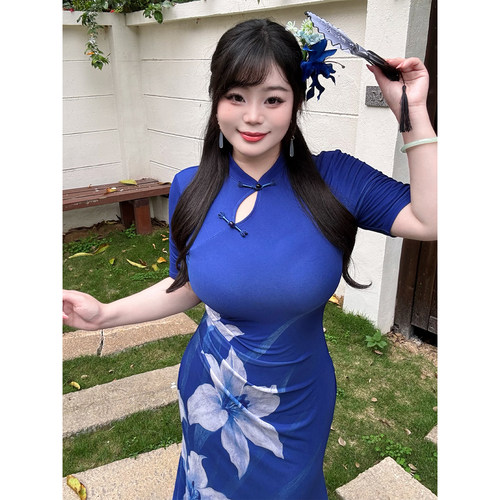 Babes【水色兰香】大码新中式温婉气质国风蓝色修身显瘦旗袍长裙