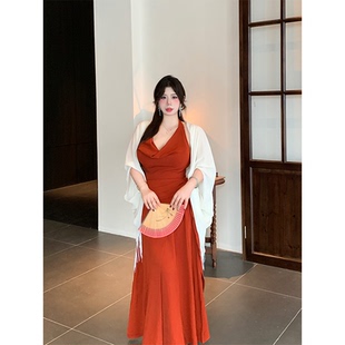 荡领连衣裙微胖纯欲气质显瘦收腰绝美长裙 法式 Bbabes 朱砂点唇