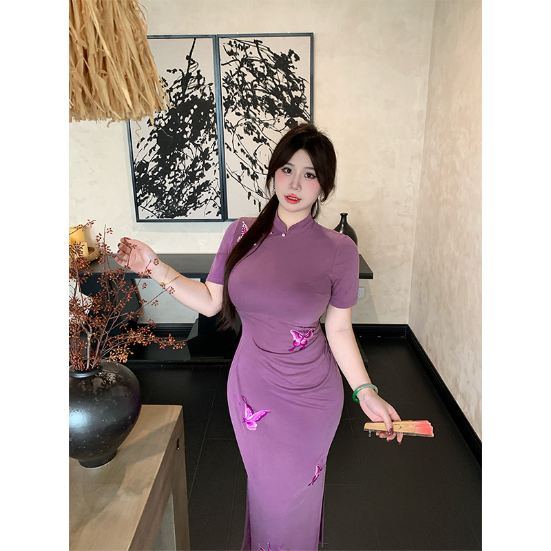 微胖显瘦‘’蝴蝶旗袍‘’连衣裙