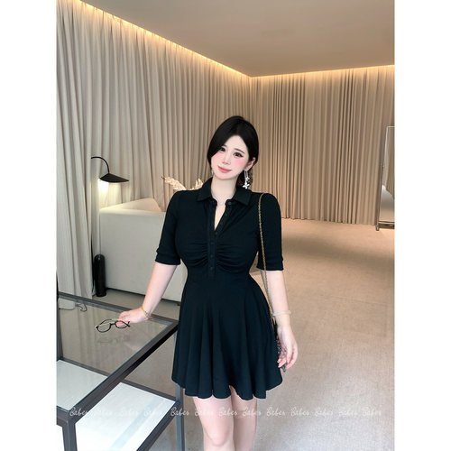 Bbabes【芭蕾甜梦】大码胖mm气质OL风显瘦收腰POLO领a字连衣裙女
