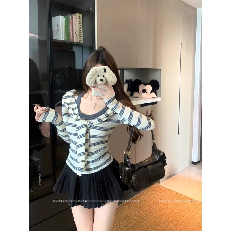 包芯纱洗水韩版气质条纹披肩长袖针织衫女秋新款显瘦短款上衣