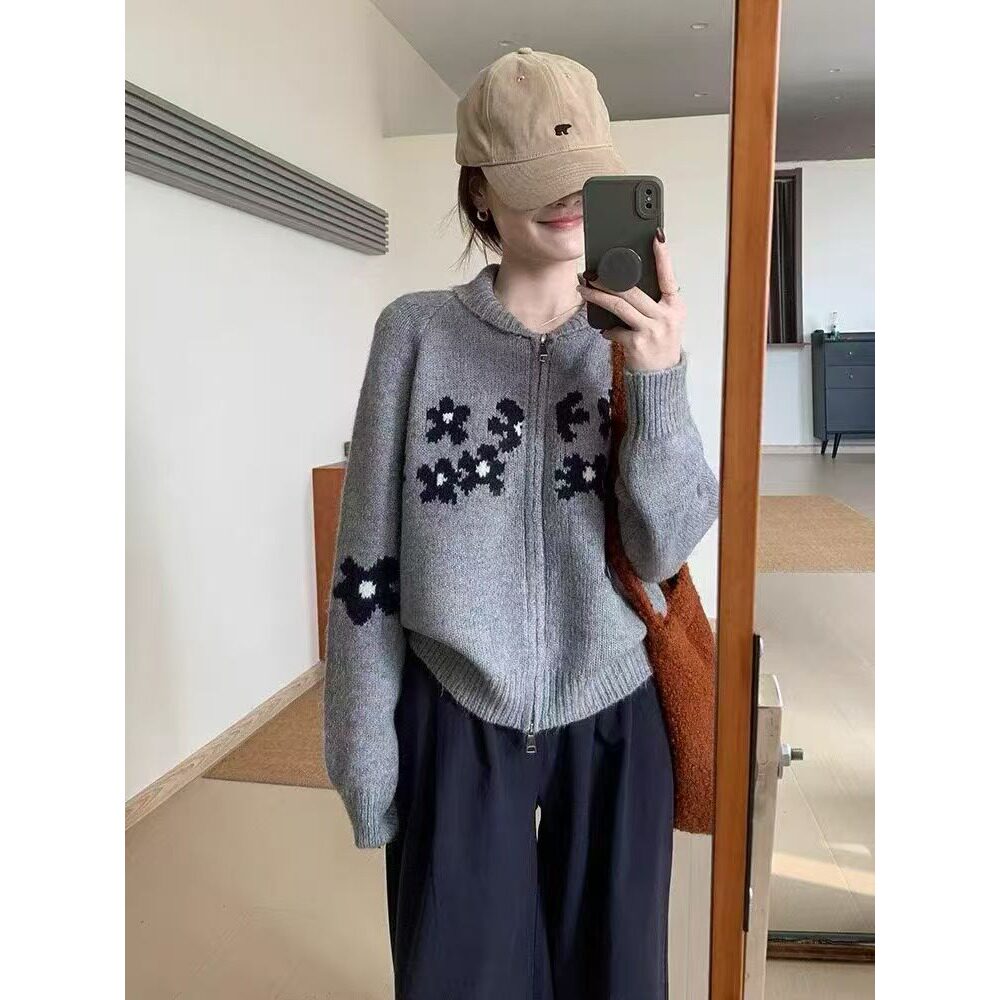 毛衣新款韩版设计感钩花拉链复古百搭厚实天蓝色小花翻领外套