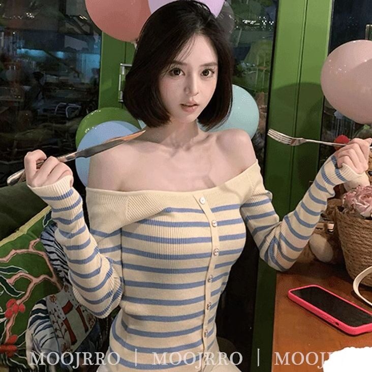 一字肩条纹长袖针织衫女早秋季修身显瘦性感纯欲气质短款露肩上衣