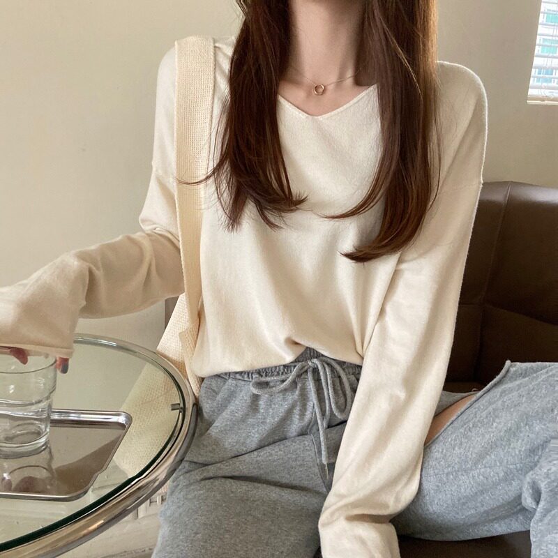 春秋冬季2026新款韩版长袖V领套头内搭打底针织衫女宽松毛衣上衣