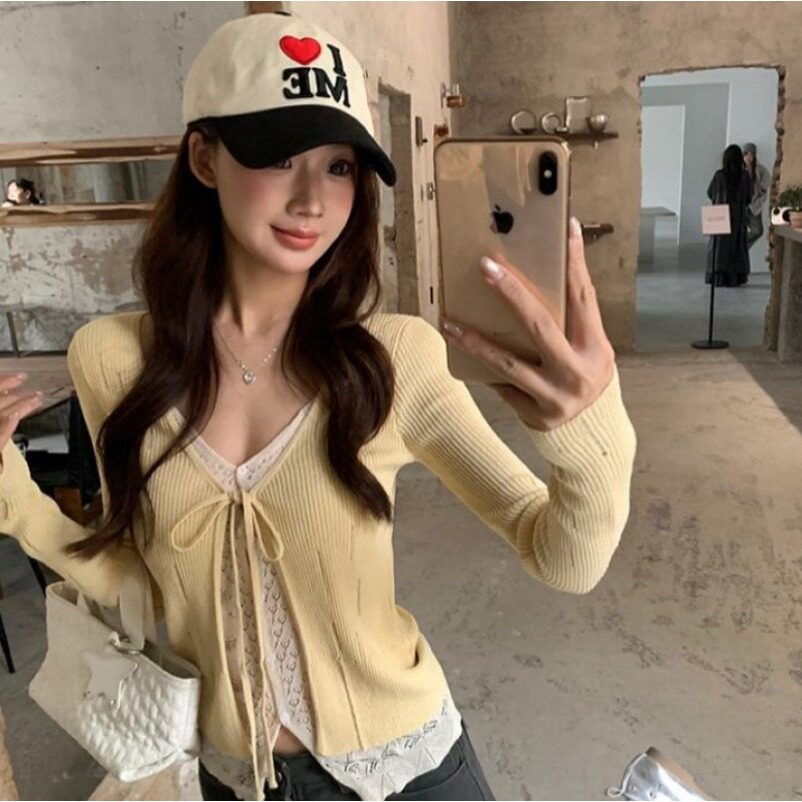 韩系蕾丝拼接系带长袖针织开衫夏季新款修身显瘦时尚百搭短款上衣