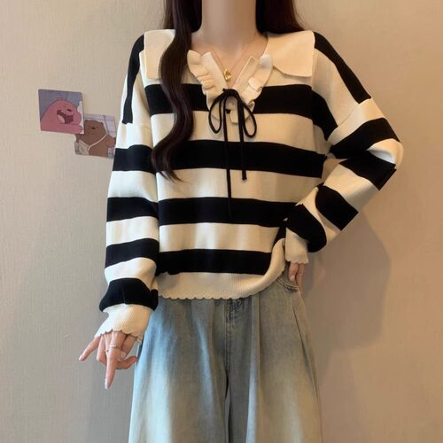 T508法式小香风娃娃领针织衫上衣女2026年秋季mm显瘦今年流行漂
