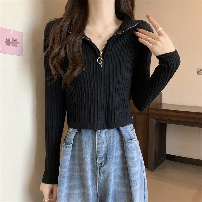 加厚包芯纱针织打底衫女秋冬小个子毛衣修身别致半拉链短款上