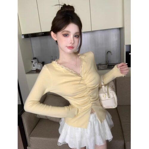 T522多巴胺不规则针织衫女秋冬纯欲v领鱼骨上衣蕾丝打底衫内搭可
