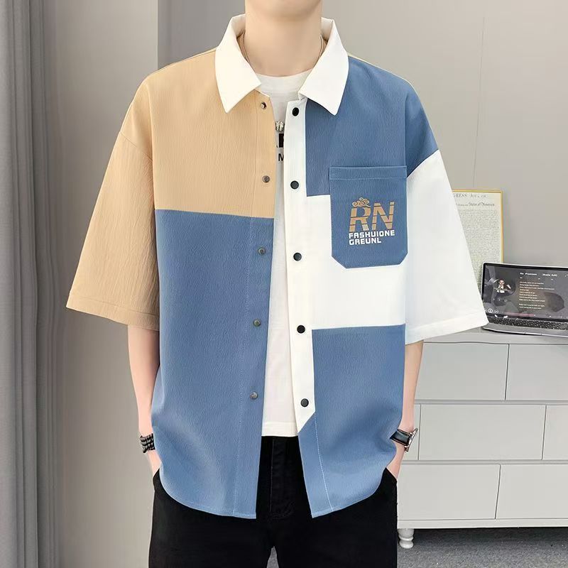 国潮短袖衬衫男生夏季拼接撞色青少年休闲中袖衬衣潮流学生上衣帅