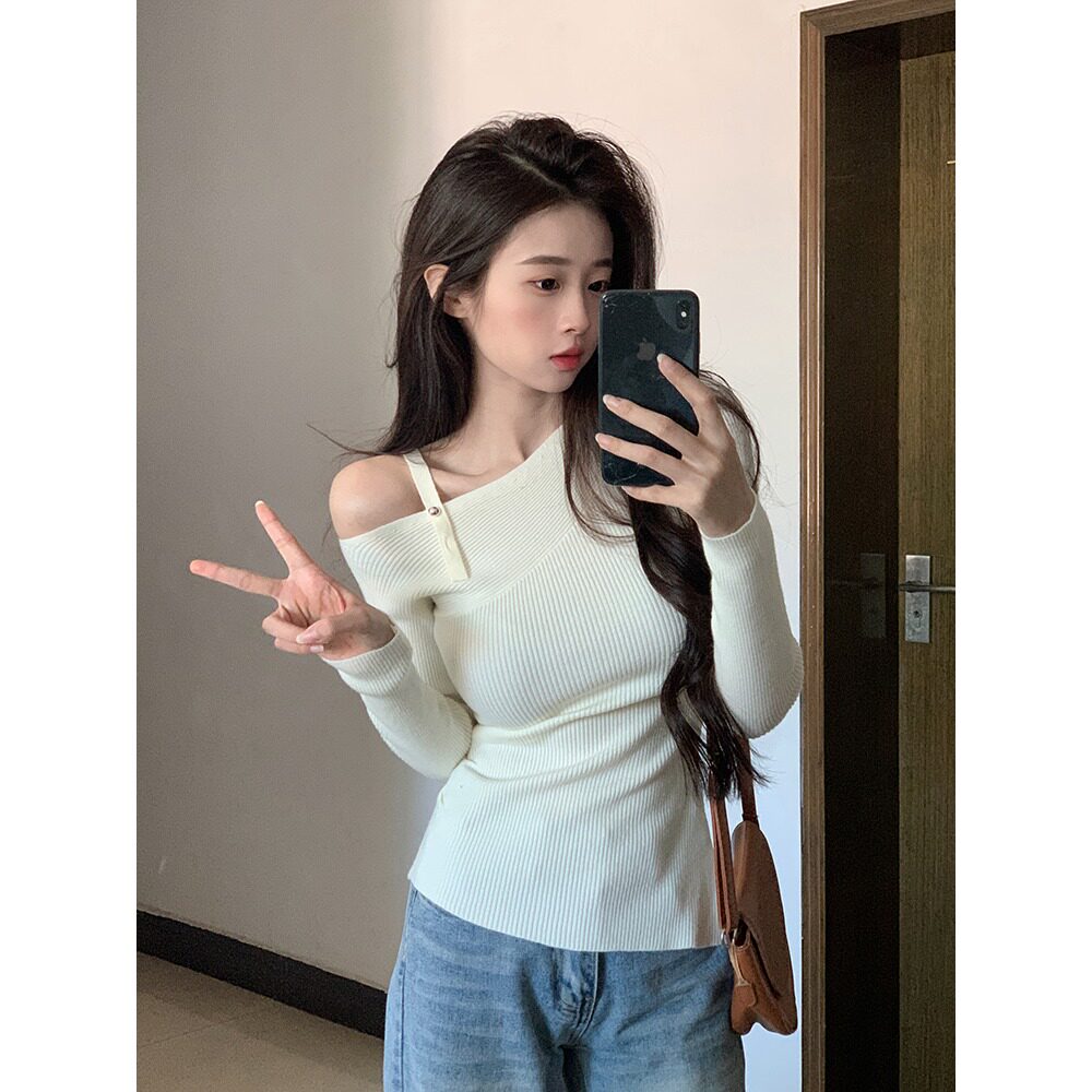 T453包芯纱纯欲风露肩修身显瘦长袖针织衫女秋季新款独特别