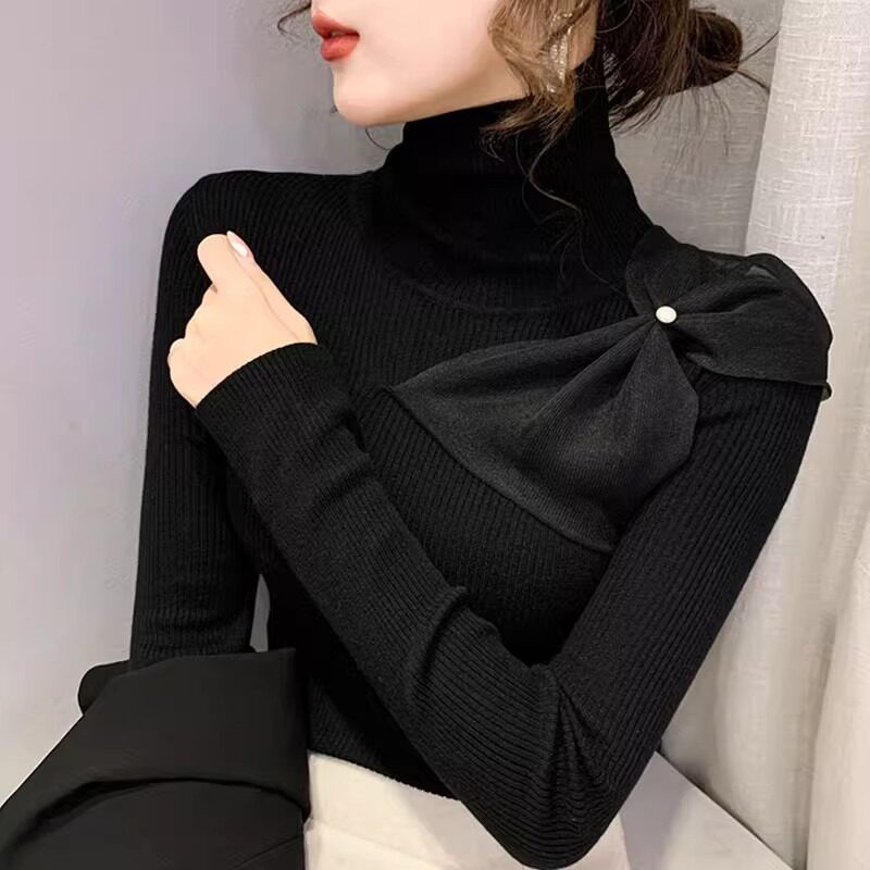 T501包芯纱2026新款冬季堆堆领蝴蝶结打底衫女士毛衣秋