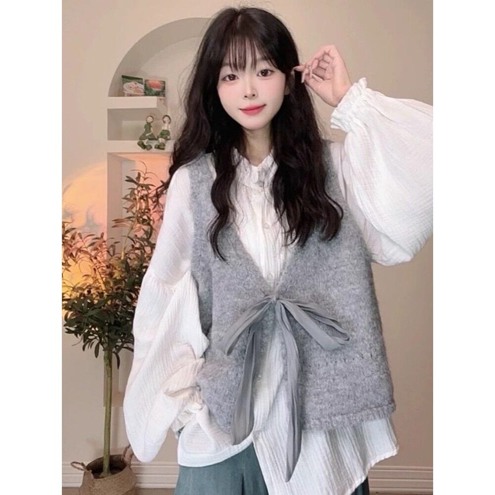 韩系学院风坎肩无袖针织毛衣女秋装设计感蝴蝶结系带外搭马甲上