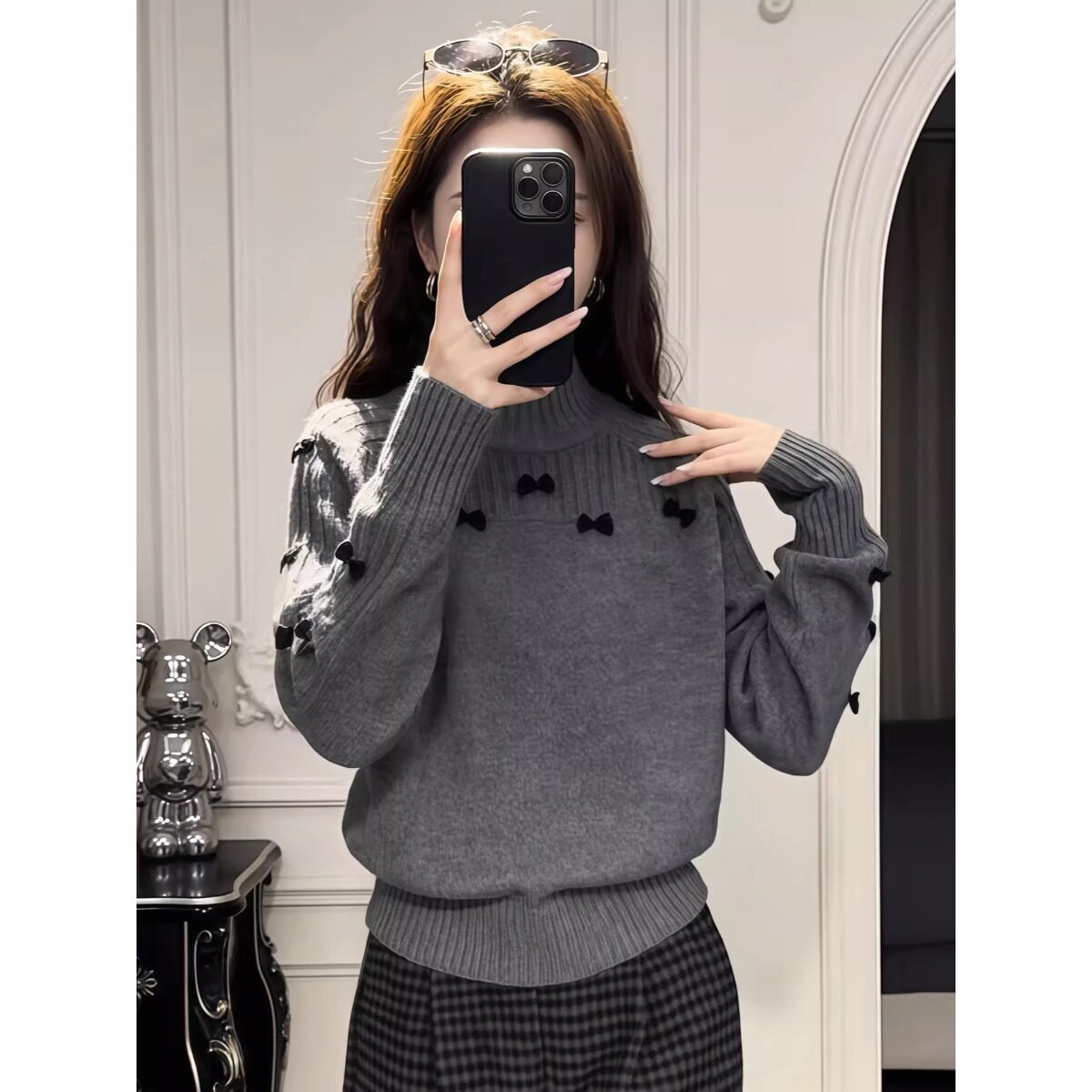 洗水灰色半高领蝴蝶结毛衣女新款春秋针织衫显瘦长袖上衣
