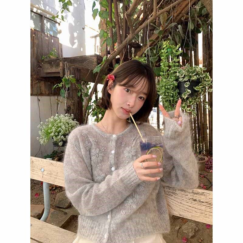 IMI手工立体花朵毛衣开衫女2026秋春韩系巨好看马海毛针织上衣