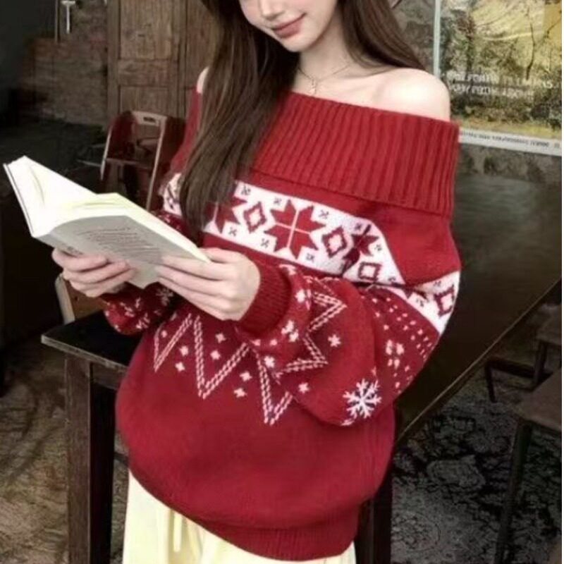 新年红色复古提花毛衣女秋冬一字肩设计感宽松显瘦上衣