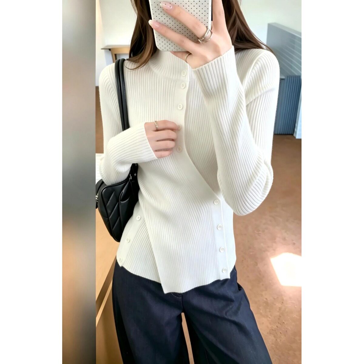 小众设计师款立领交叉喇叭袖毛衣套头纯色不规则针织上衣女