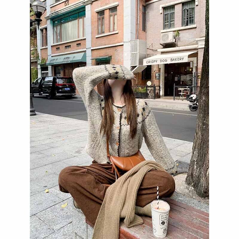 超好看小众韩系复古麻花针织开衫女古着宽松圣诞费尔岛毛衣外套