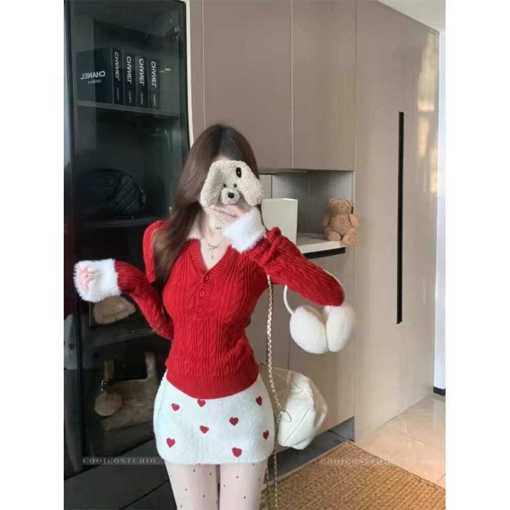 洗水辣妹风拼接毛毛半开领麻花针织衫女秋冬修身百搭上衣