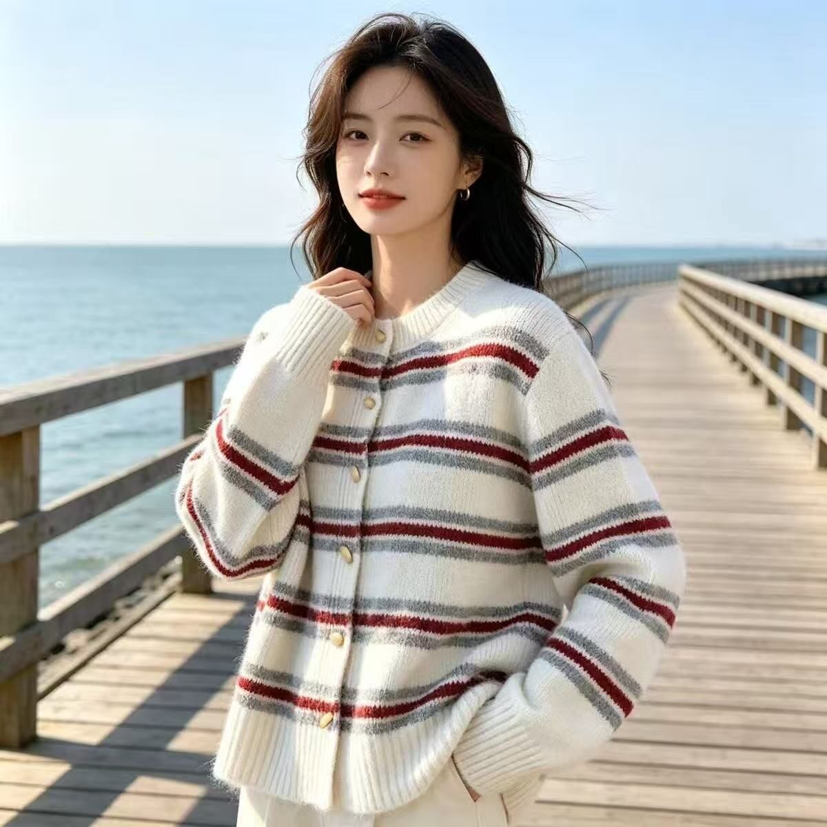 撞色条纹长袖针织衫女秋款复古牛角扣开衫慵懒软糯毛衣外套