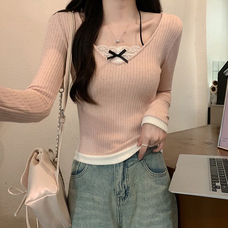 甜美风法式秋冬季韩版纯欲拼接挂脖针织衫蕾丝边辣女假两件上衣