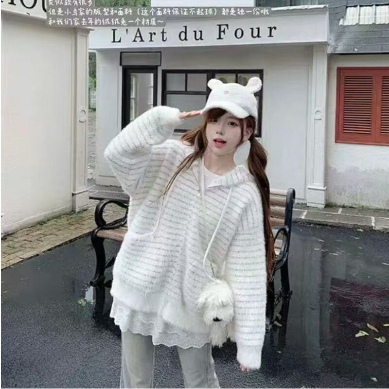 水貂绒春季韩系新款条纹连帽拉链开衫女休闲百搭慵懒风运动外套