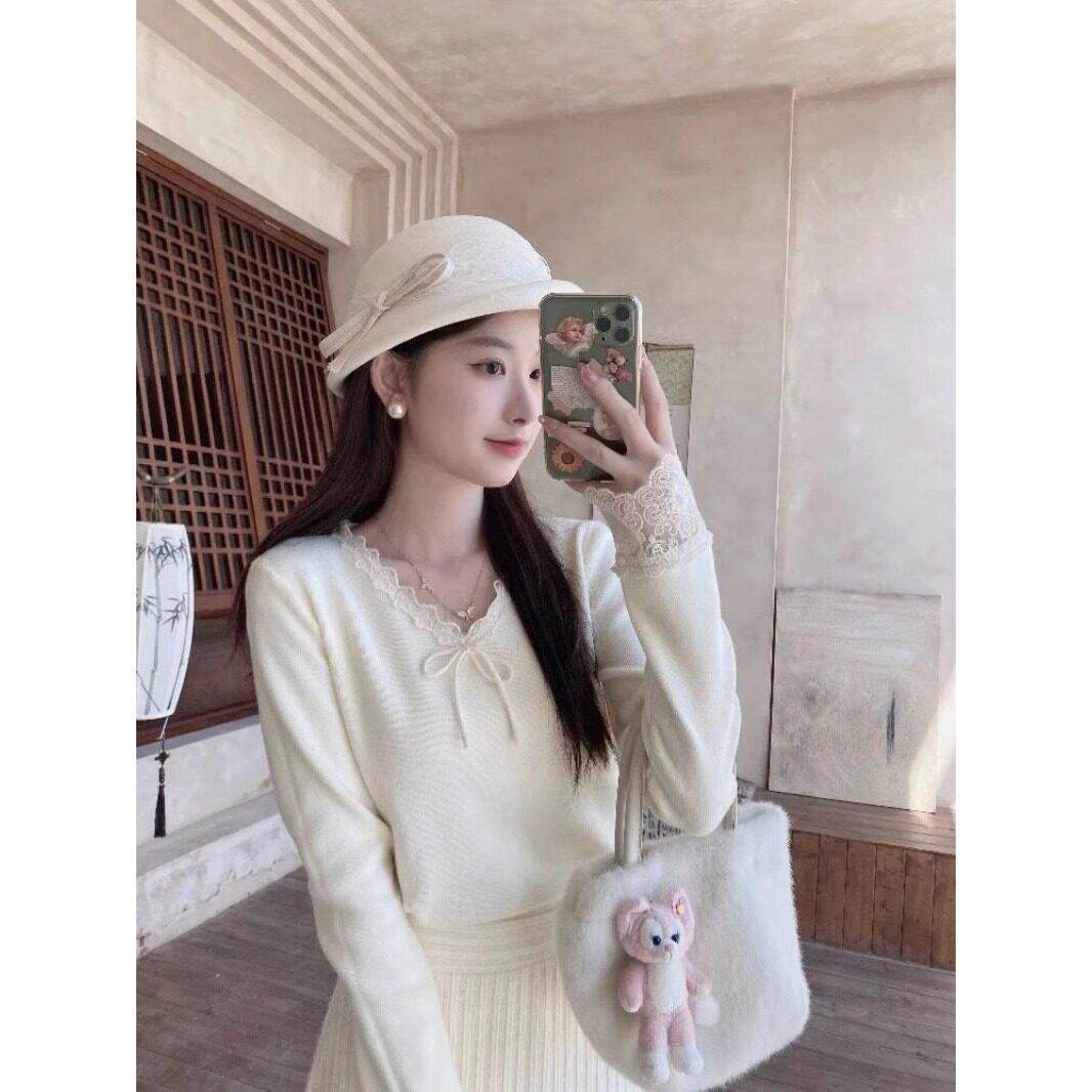 甜美氛围感V领蕾丝打底毛衣女2026春秋款蝴蝶结系带内搭针织上衣