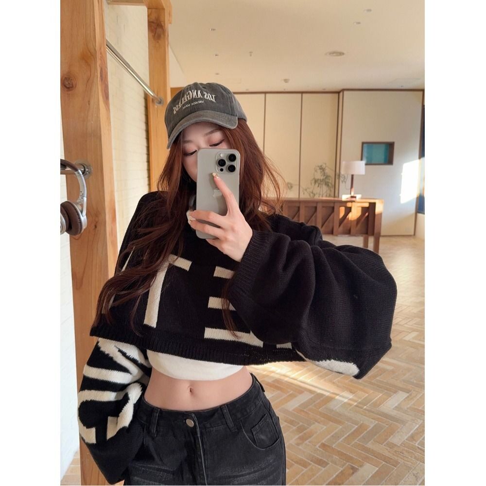 美式辣妹短款字母提花长袖毛衣女秋季宽松小众设计感套头针织上衣