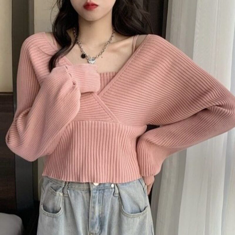 丝光棉针织假两件针织衫女长袖春秋设计感小众温柔上衣