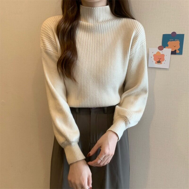 秋冬韩版宽松半高领灯笼袖安迪绒纯色内搭针织打底毛衣