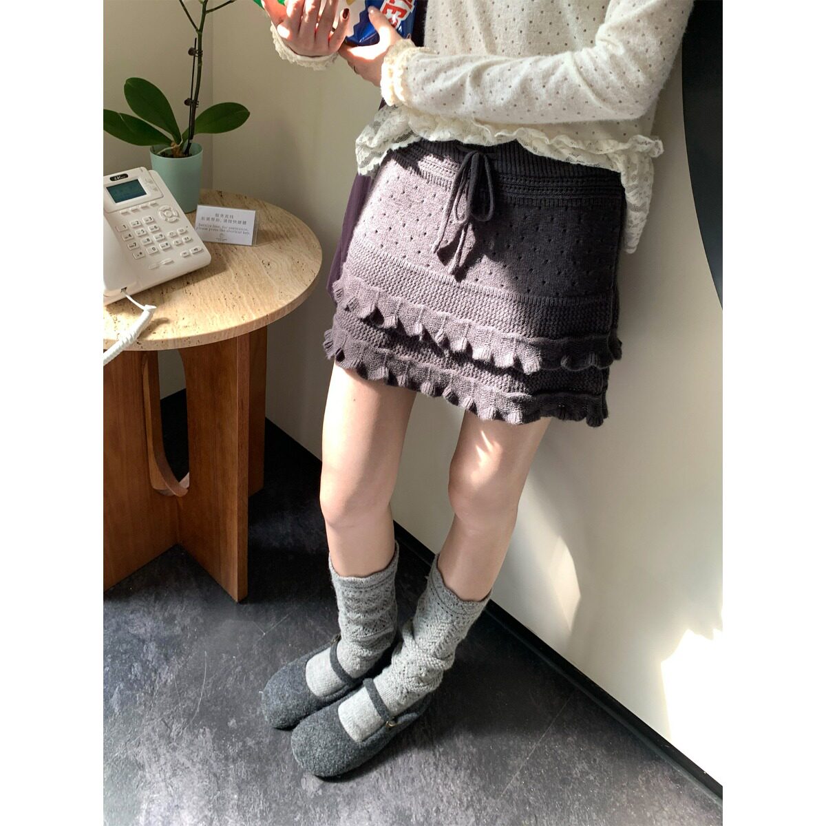 包芯纱洗水韩系复古显瘦百搭荷叶边系带针织半身裙短款秋冬新