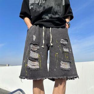 爆毛边破洞牛仔短裤男夏季潮牌ins高街大码宽松街头嘻哈漆点五分