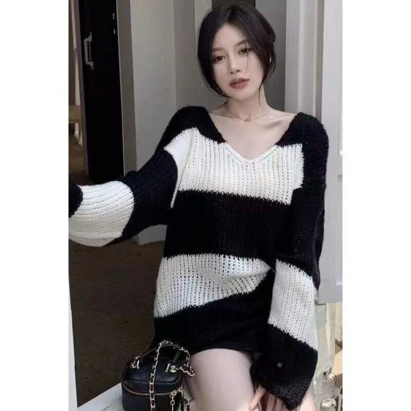 明媚拼色针织衫中长款v领慵懒风条纹撞色破洞毛衣女
