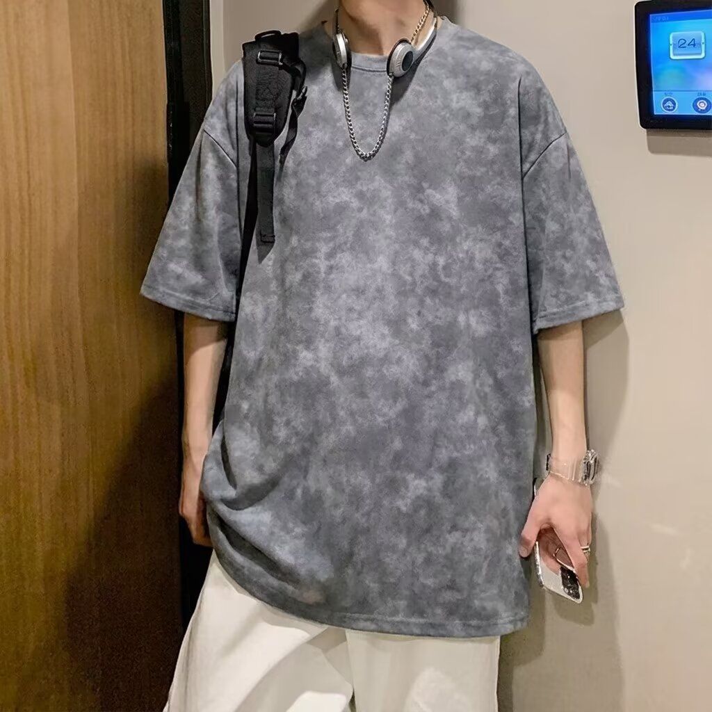 美式复古扎染泼墨短袖t恤男夏季潮牌ins宽松上衣学生休闲半袖体恤