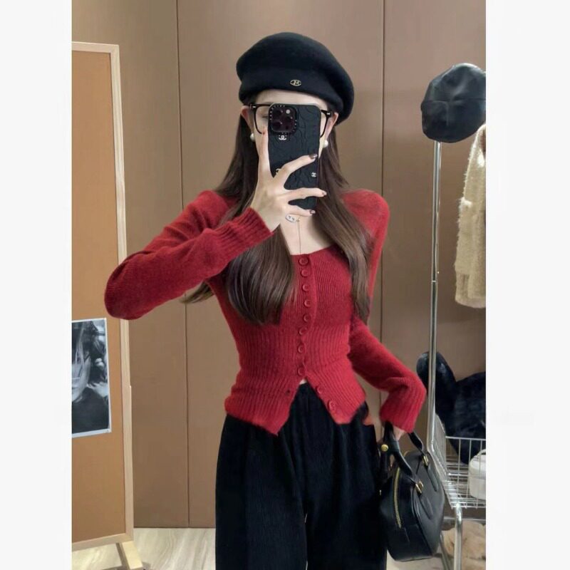 韩系方领针织开衫女早秋季小香风修身打底衫短款上衣