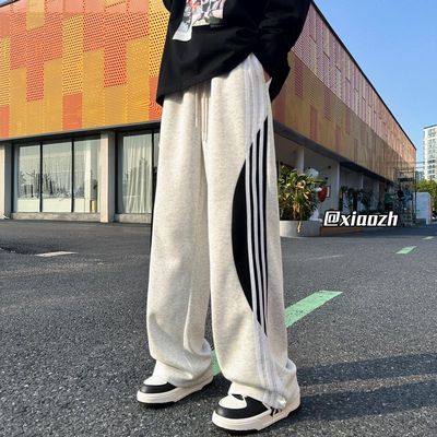 美式重磅条纹三条杠裤子男秋季阔腿运动裤潮牌宽松直筒休闲长裤