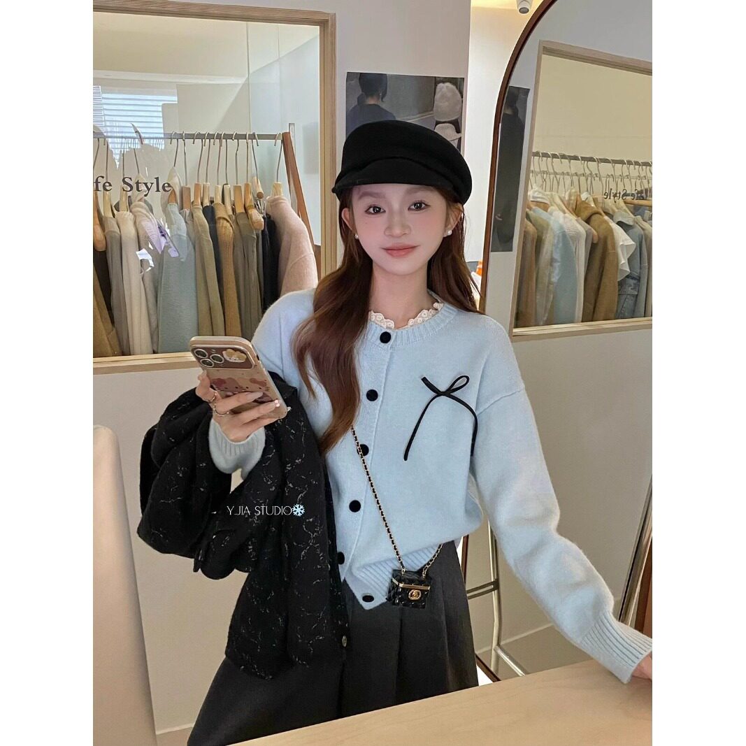 春秋新款甜美花边领针织开衫女秋冬季新款设计感时尚百搭毛衣外套