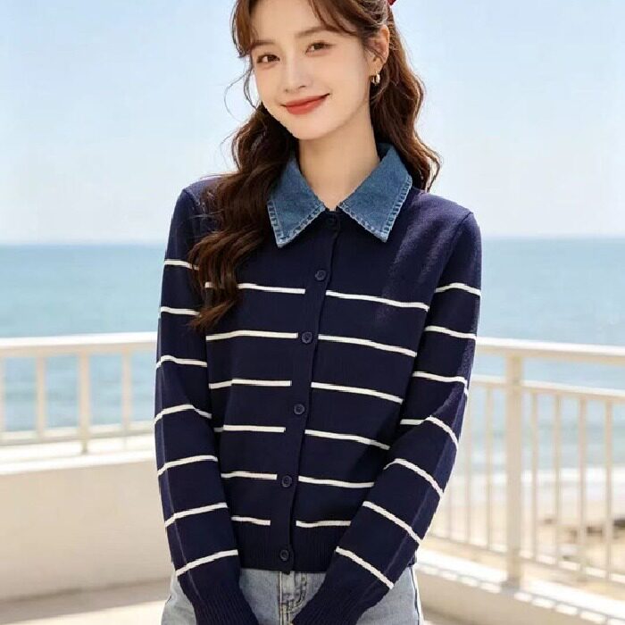 假两件牛仔拼接polo翻领条纹刺绣毛衣外套女春秋打底针织开衫上衣