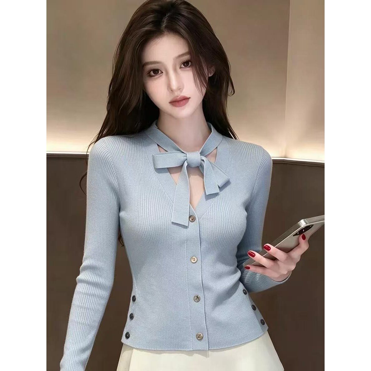 蝴蝶结系带针织衫女修身短款长袖T恤别致甜美打底上衣